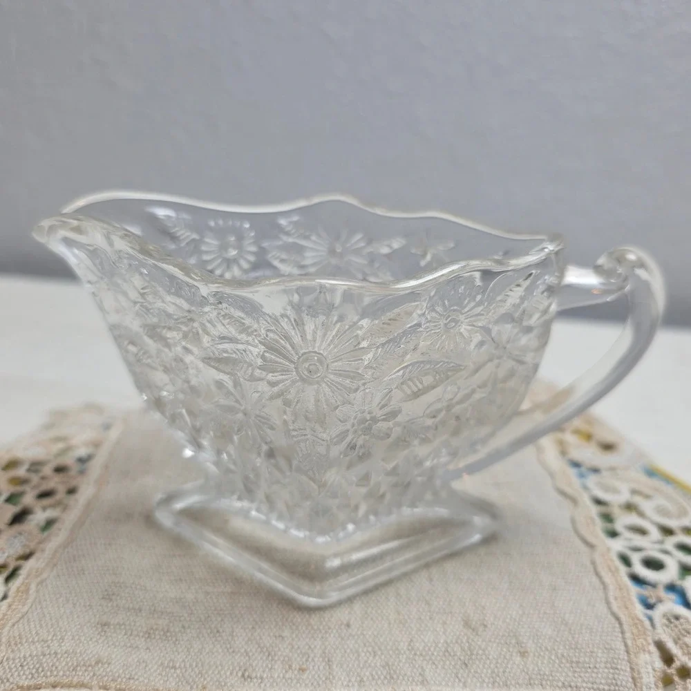 Vintage Indiana Glass Pineapple & Floral Creamer and Sugar Bowl Set Diamond Base